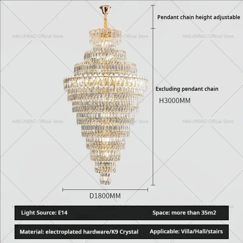 Luxury gold and clear crystal chandelier for living room staircase
