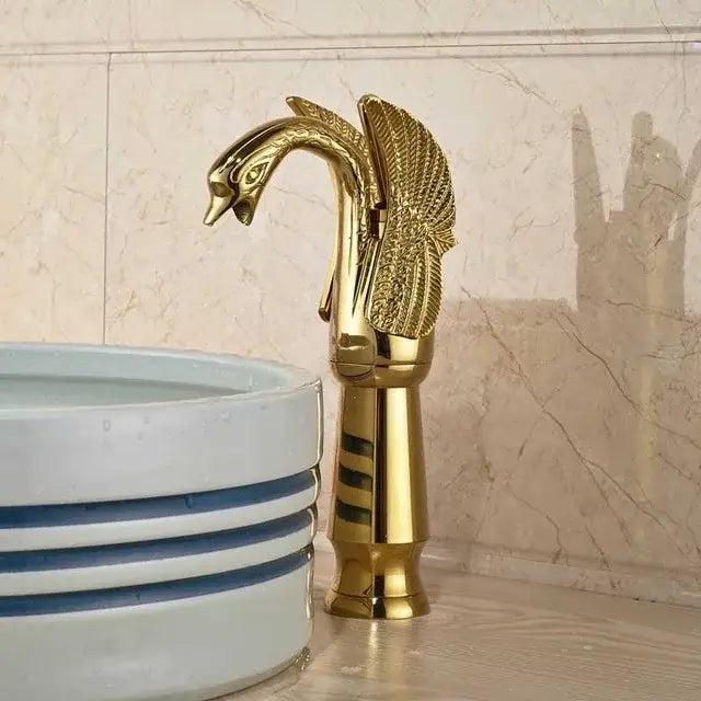 Luxury golden swan dual handle bathroom faucet with feather detail