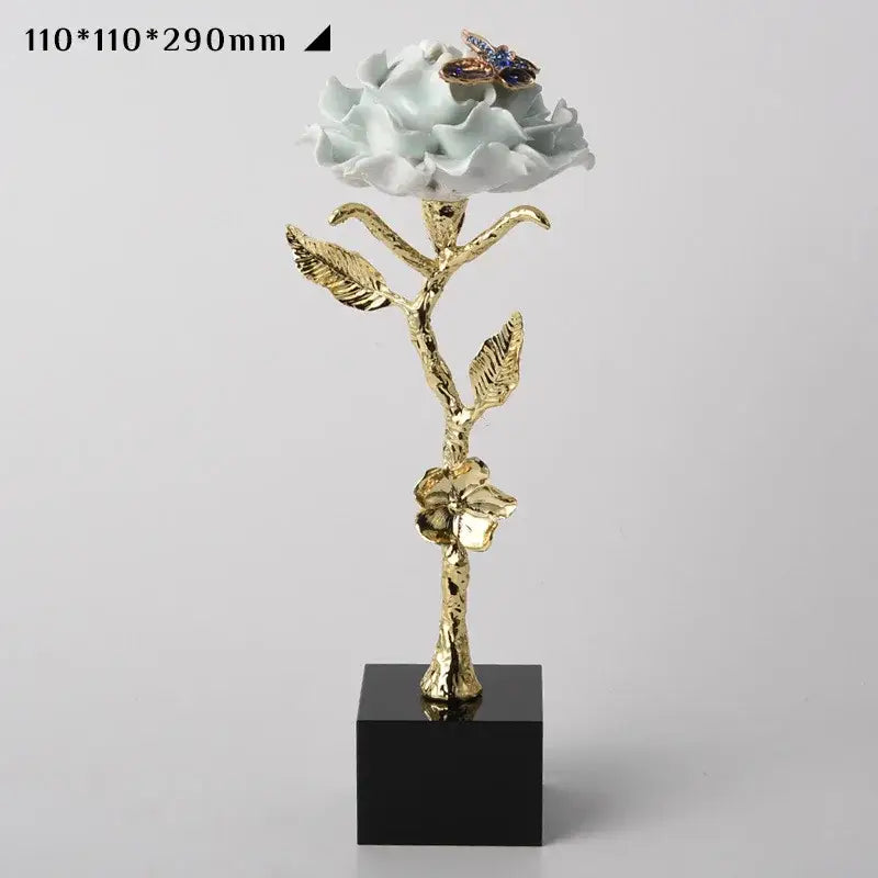 Luxury porcelain crystal rose decor blue & gold living room ornament