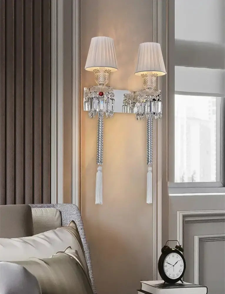 Luxury silver crystal wall lamp with pleated shades for bedroom