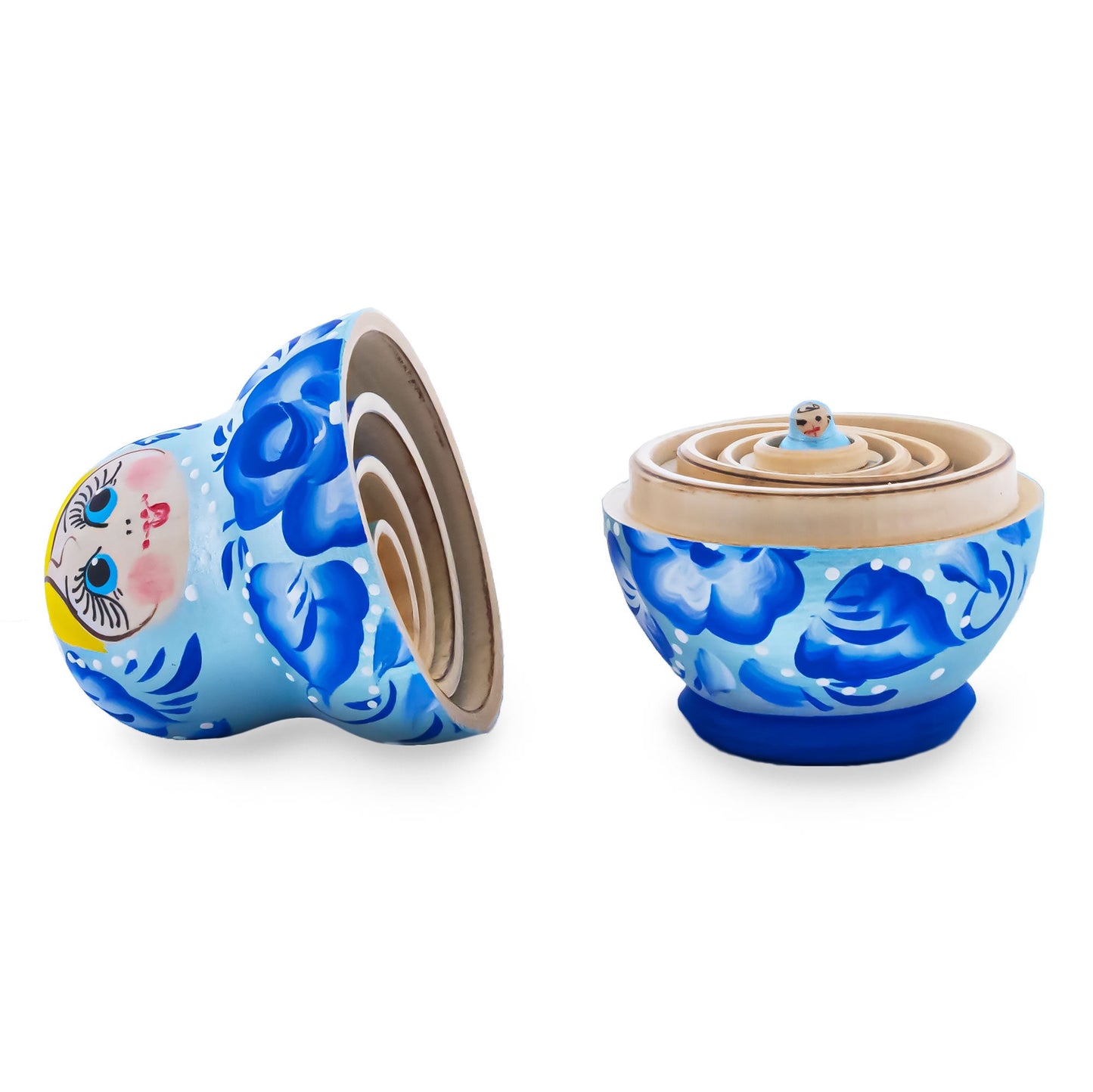 Light Blue Color with Blue Flowers Wooden Nesting Dolls