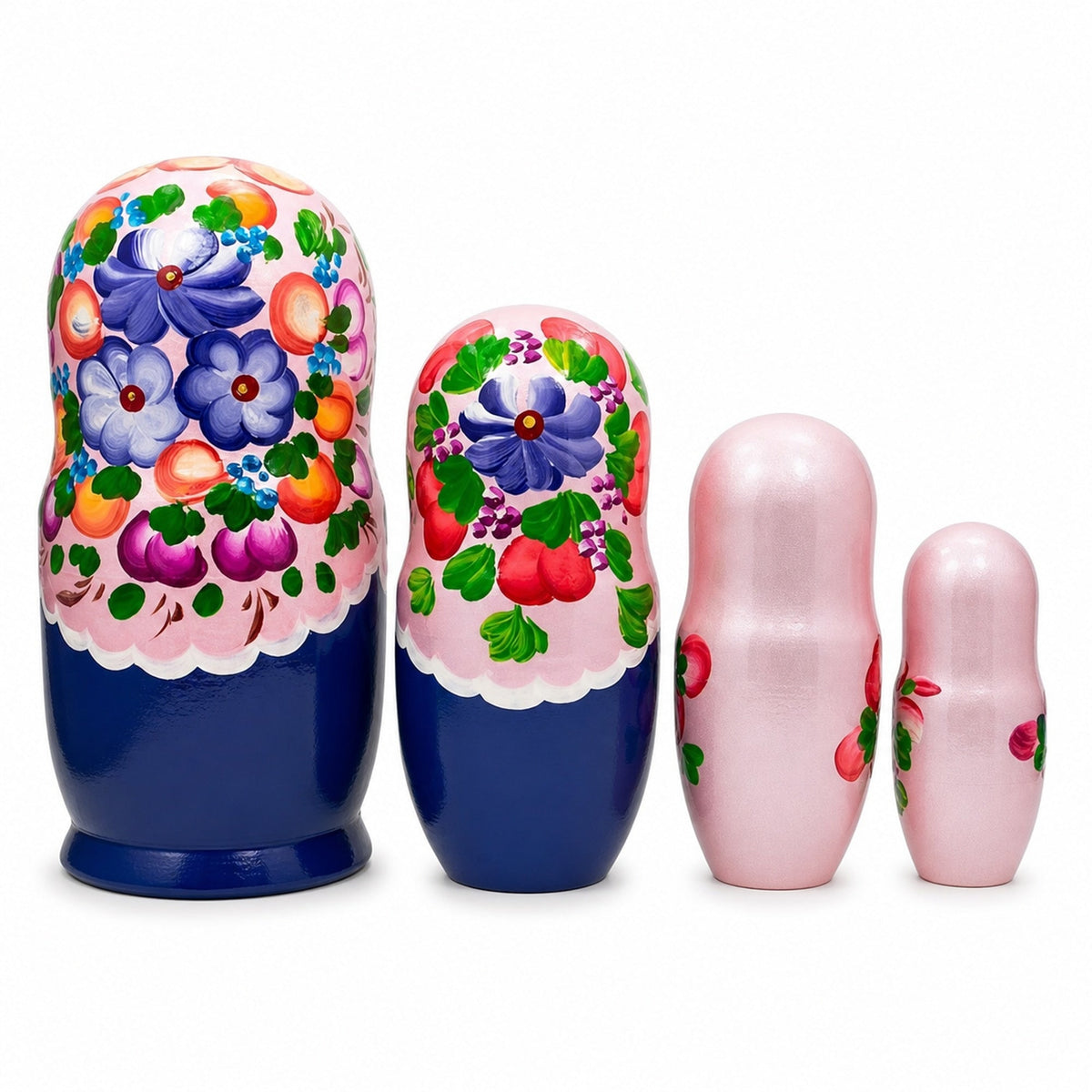 Flowers on Pink Dress Wooden Nesting Dolls 7.25 Inches