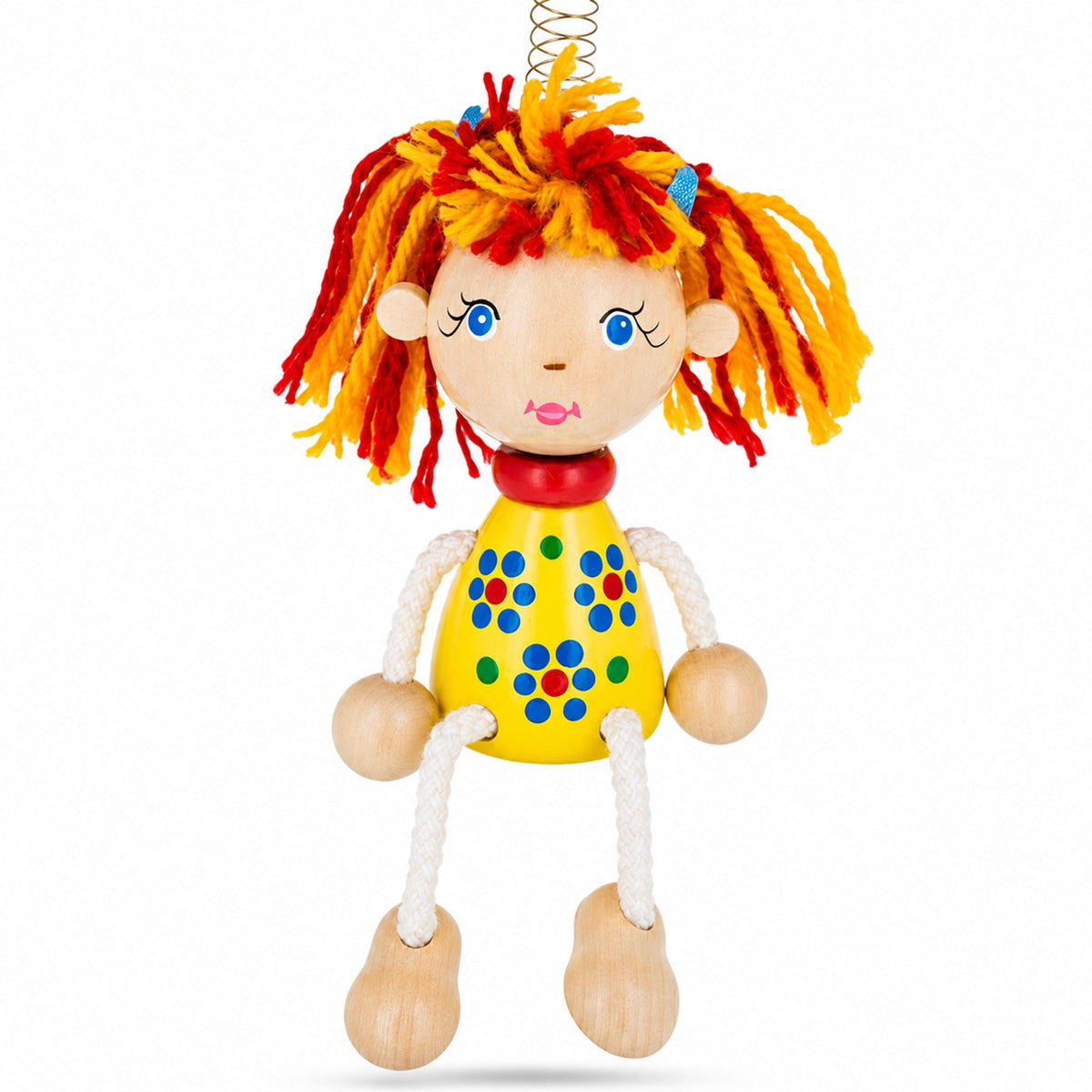 Girl in a Yellow Dress Wooden Doll on a Spring 6.3 Inches