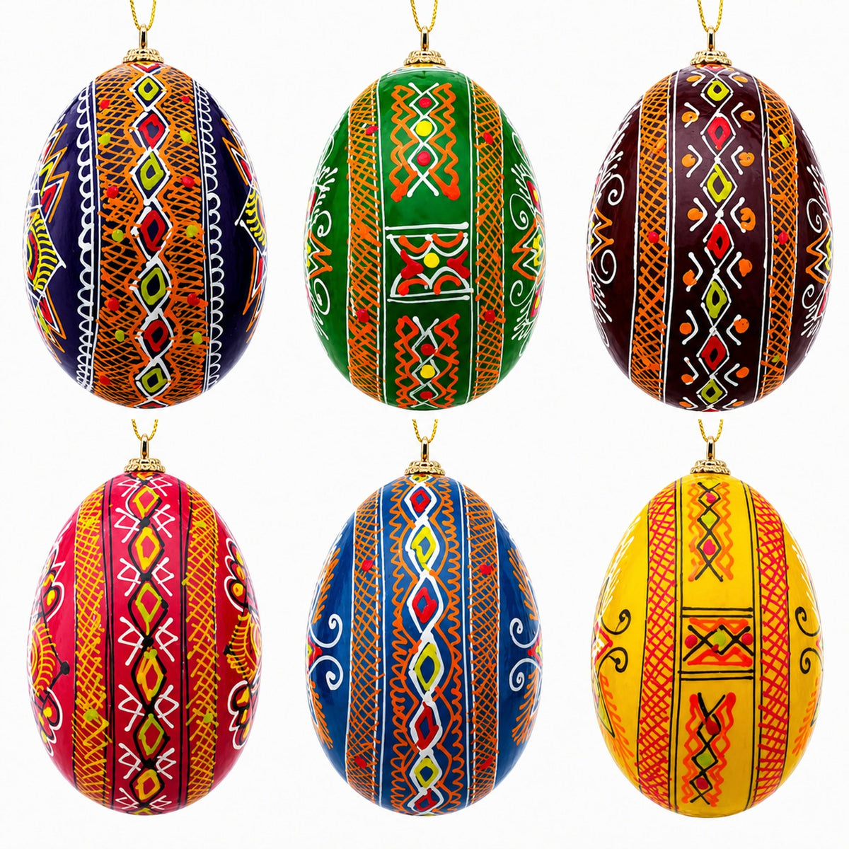 Set of 6 Hand Painted Wooden Ukrainian Easter Egg Ornaments 2.5 Inches