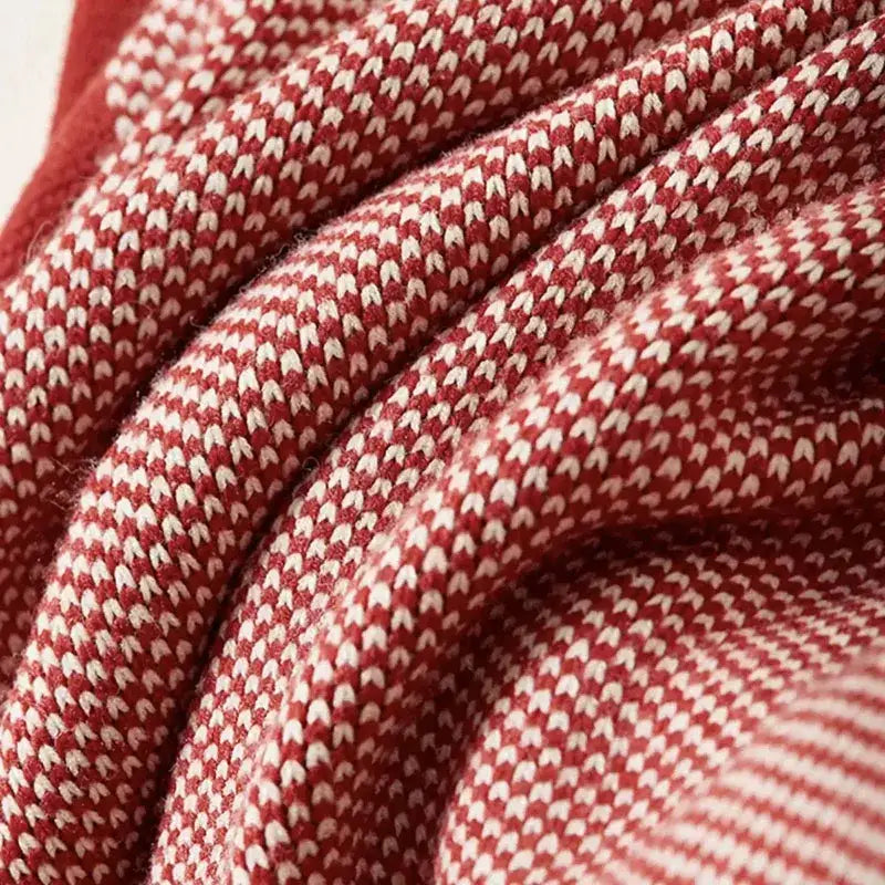 Maroon and red cozy striped knit blanket living room throw