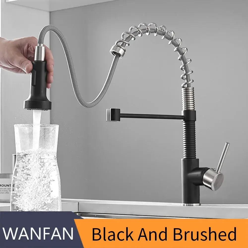 Matte black and brass kitchen faucet with pull out spring spout