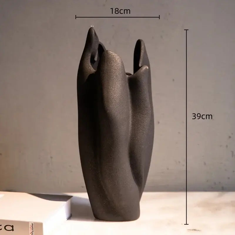 Matte black irregular pleated ceramic vase set living room decor