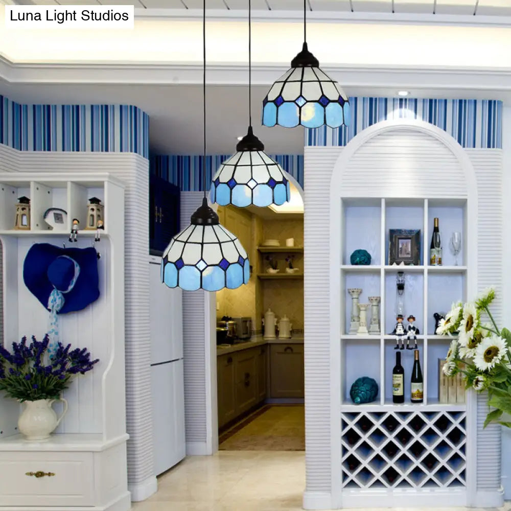 DecorBites™ Mediterranean Cut Glass 3-Light Blue Multi Pendant Bowl Hanging Light Fixture - Perfect for Bedrooms