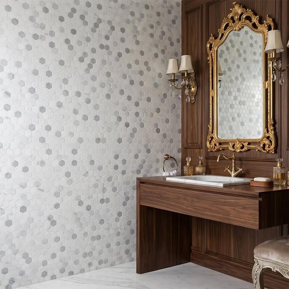 Metal, Carrara Polished Hexagon Glass Mosaics 11 3/4x11 1/2