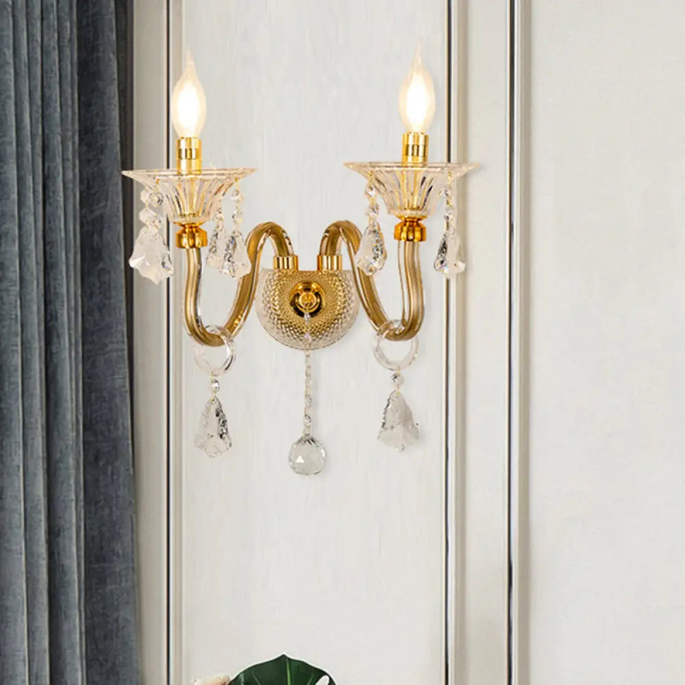 DecorBites™ Mid-Century 1/2 Lights Wall Sconce with Brass Candle Design and Crystal Shade