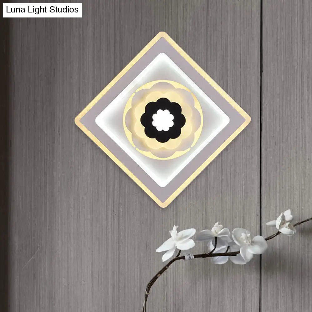 DecorBites™ Minimal Acrylic Rhombus LED Wall Sconce Light with Bloom Pattern (White/Black) for Study Rooms