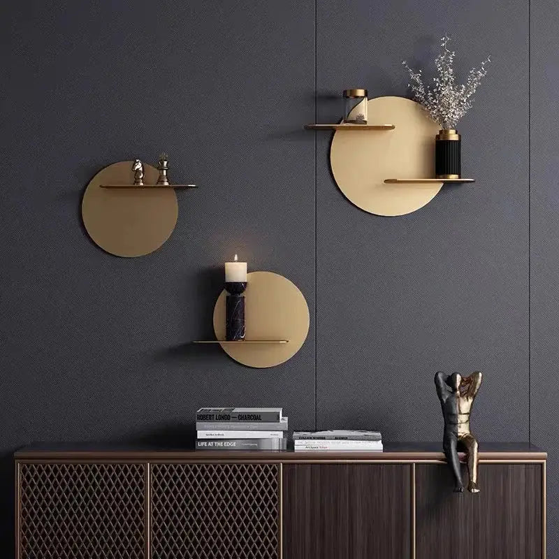 Minimalist beige round metal wall storage shelf for living room