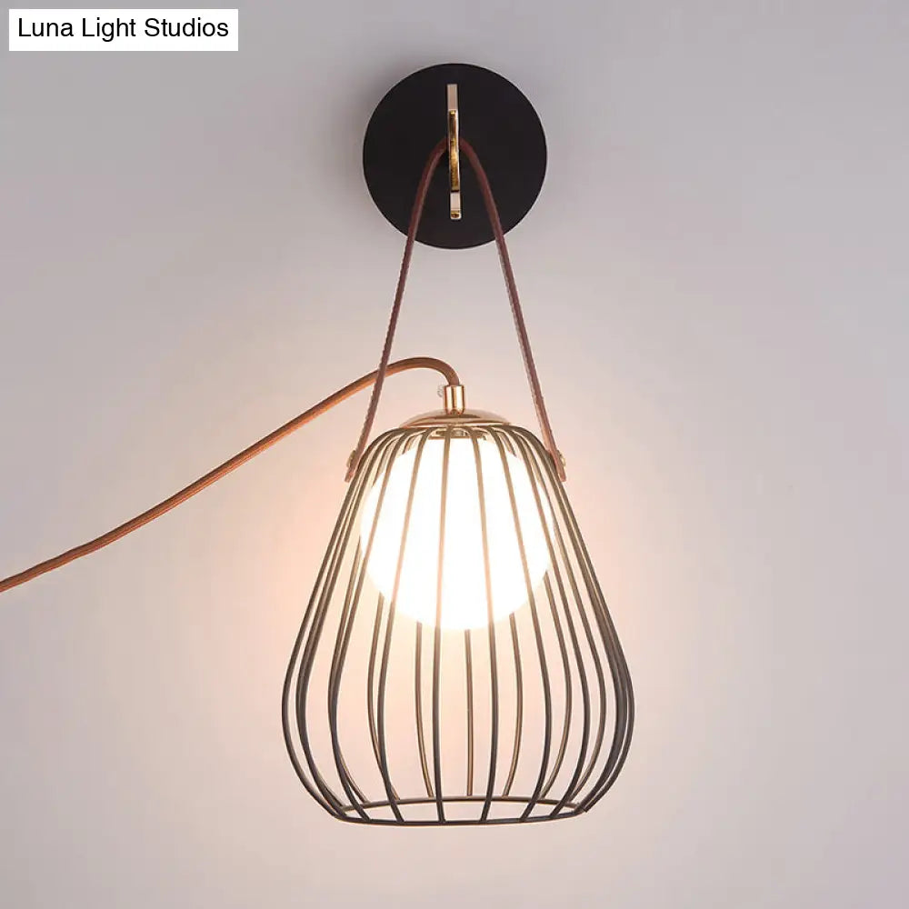 DecorBites™ Minimalist Black LED Wall Sconce with Leather Handle - Pear Cage Iron Design