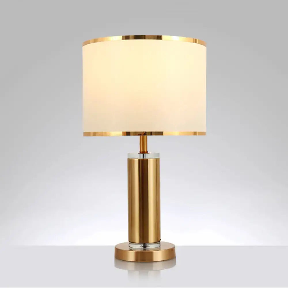 Minimalist fabric brass nightstand lamp – bedroom drum shade lighting