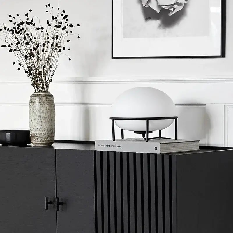 Minimalist white glass ball table lamp bedroom black metal frame