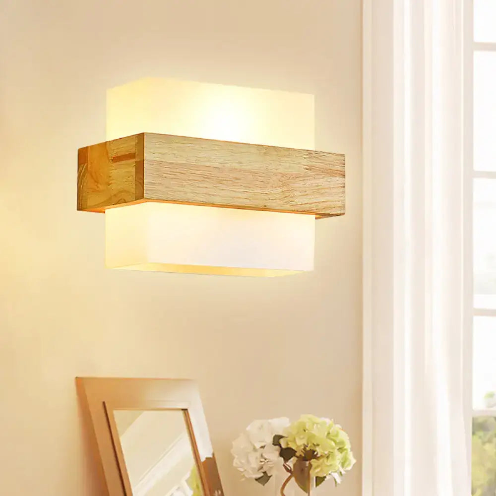 Minimalist wood and opal glass wall sconce bedroom light