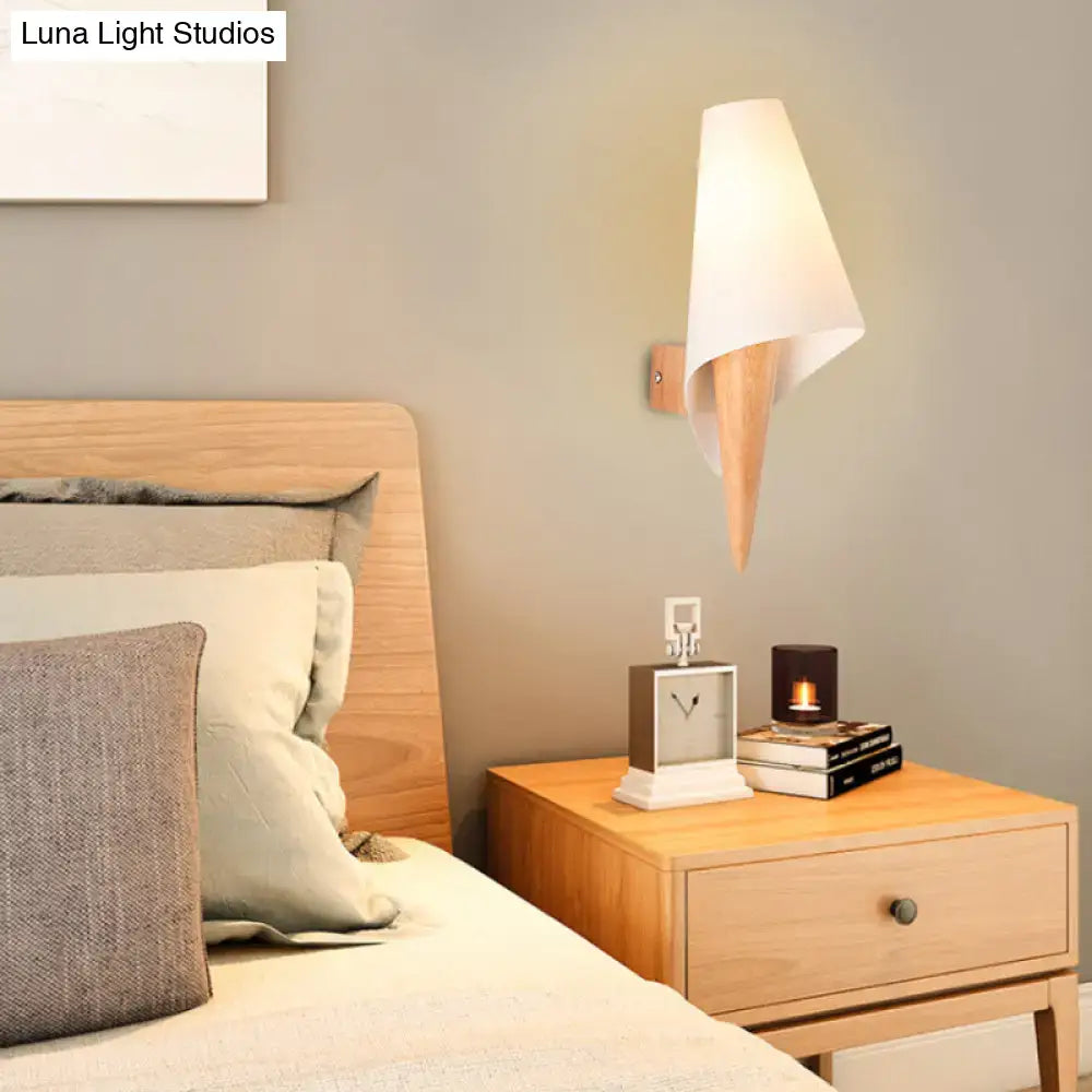 Minimalist wood and white glass wall mounted light fixture bedroom