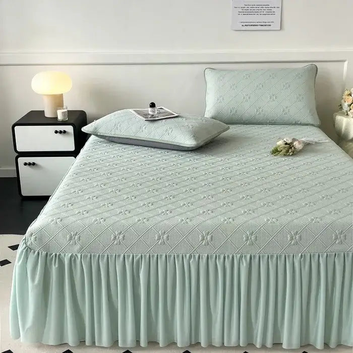 Mint green floral quilted bed skirt set bedroom mattress mat