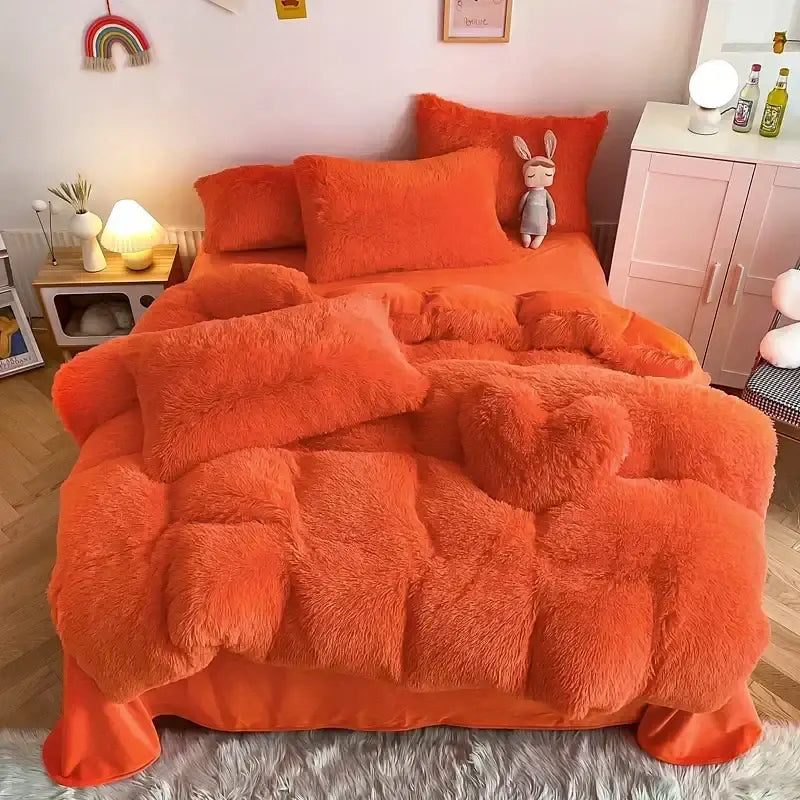Mint green fluffy faux fur bedding set with heart pillow bedroom