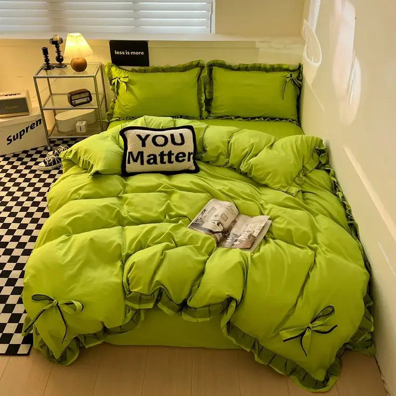 Mint green ruffled cotton embroidery bedding set for bedroom