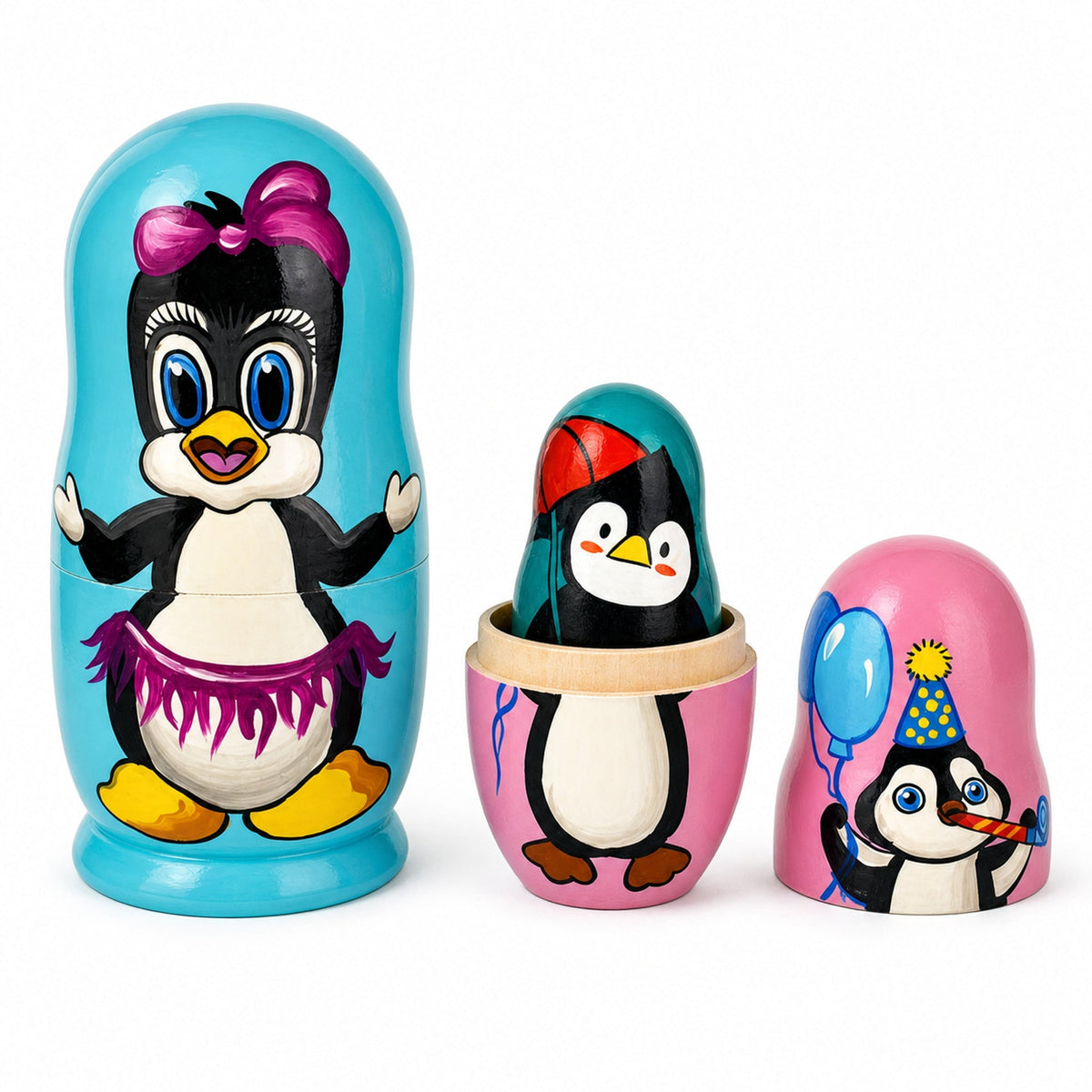 Set of 5 Penguins Wooden Nesting Dolls 6 Inches