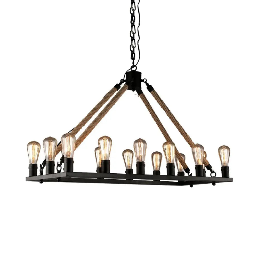 DecorBites™ Modern 10/14 Lights Rectangle Hanging Lamp - Loft Style Black Metallic with Rope Island Lighting