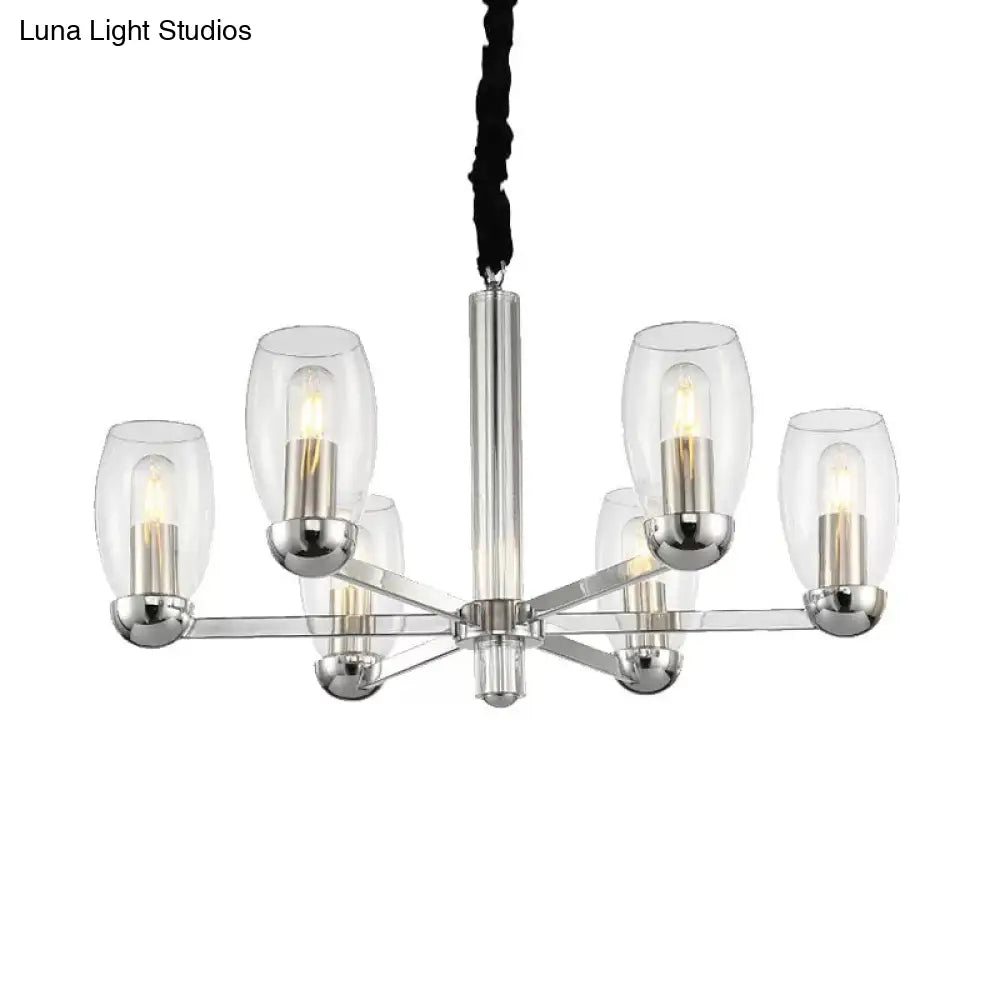 DecorBites™ Modern 6-Head Clear Glass Candle Chandelier: Chrome Ceiling Pendant Fixture with Adjustable Chain