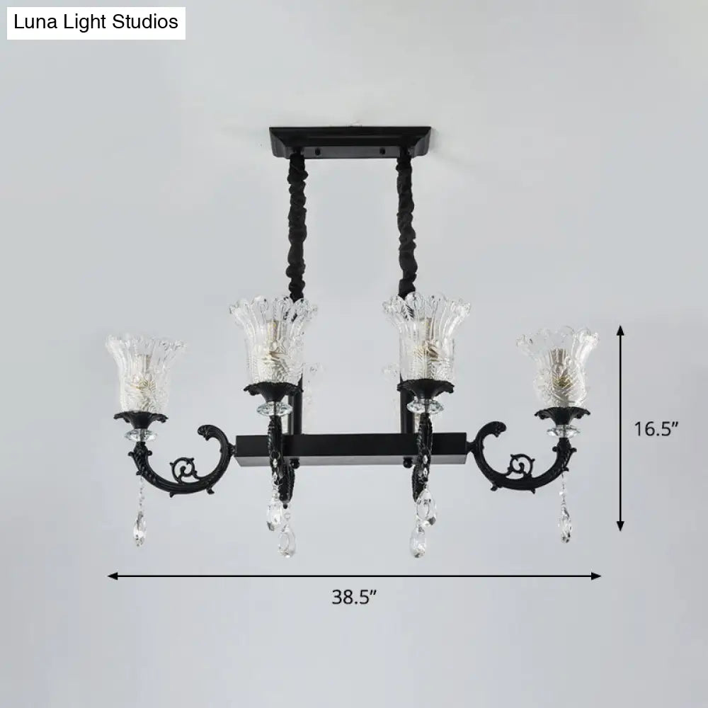 DecorBites™ Modern 6-Head Pendulum Island Pendant Lamp with Black Finish, Clear Crystal Accents