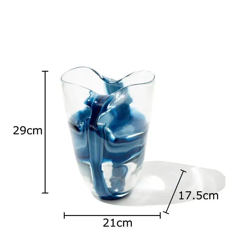 Modern abstract blue & clear striped glass vase living room decor