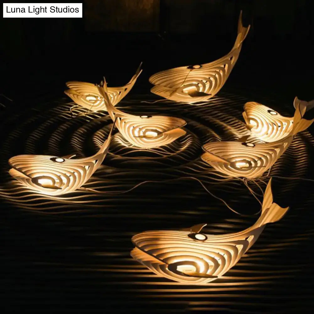 Modern beige wooden whale kids pendant light bedroom hanging lamp