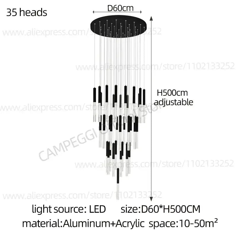 Modern black and clear glass cylindrical chandelier staircase light