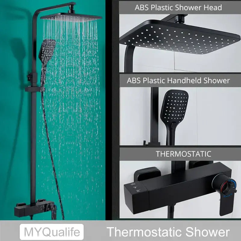 Modern black brass shower faucet with rainfall head for bathroom