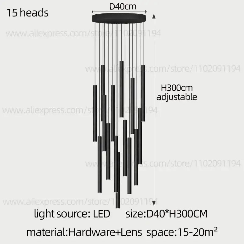 Modern black cylindrical led staircase chandelier suspension light