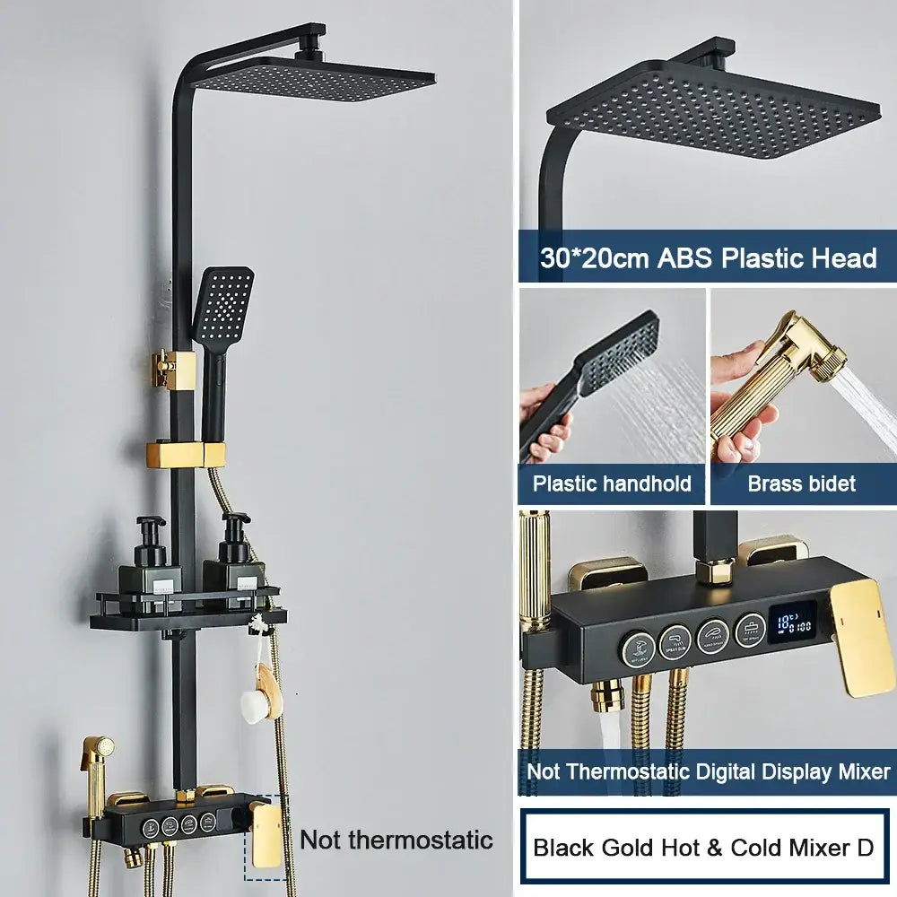 Modern black digital shower system with rainfall head and bidet – bathroom