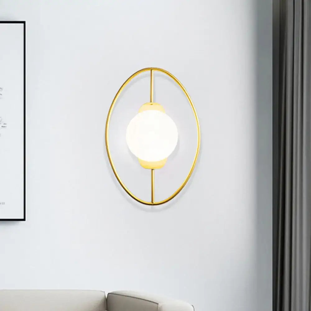 Modern black & gold metal halo ring wall lamp with white glass bedroom
