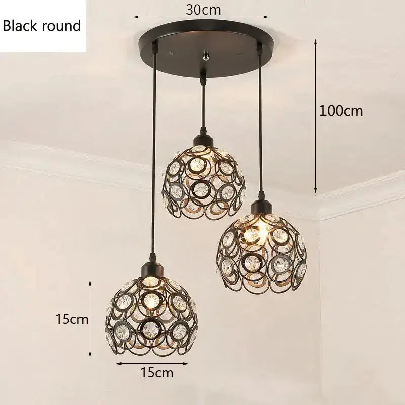Modern black iron crystal triple pendant lamp for dining room