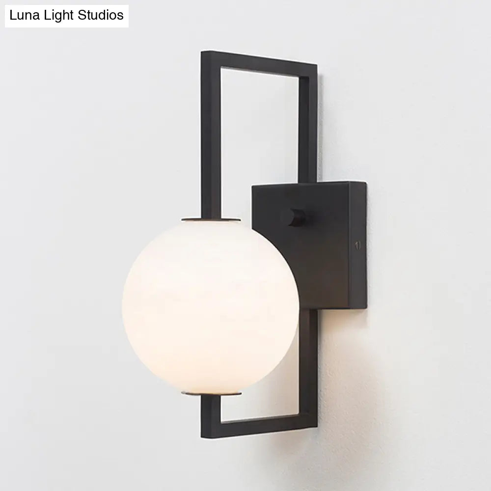 DecorBites™ Modern Black Rectangular Wall Sconce with White Glass Orb Shade - 1 Bulb Metal Lighting