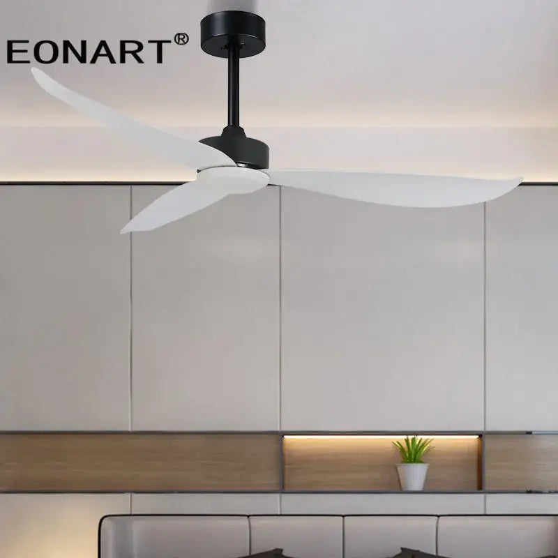 Modern black & white plastic blade ceiling fan with remote bedroom