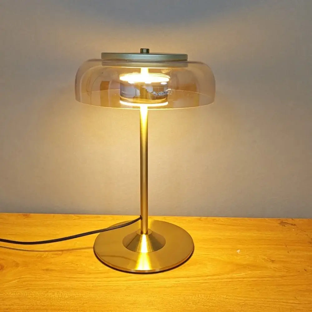Modern brass and amber glass mushroom table lamp bedroom light