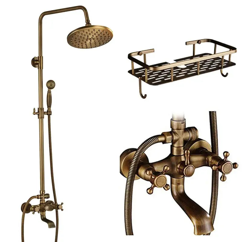 Modern brass and black dual handle shower faucet set bathroom caddy