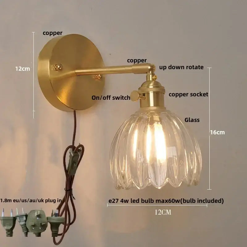 Modern brass and clear glass wall lights – bedroom rotating sconce