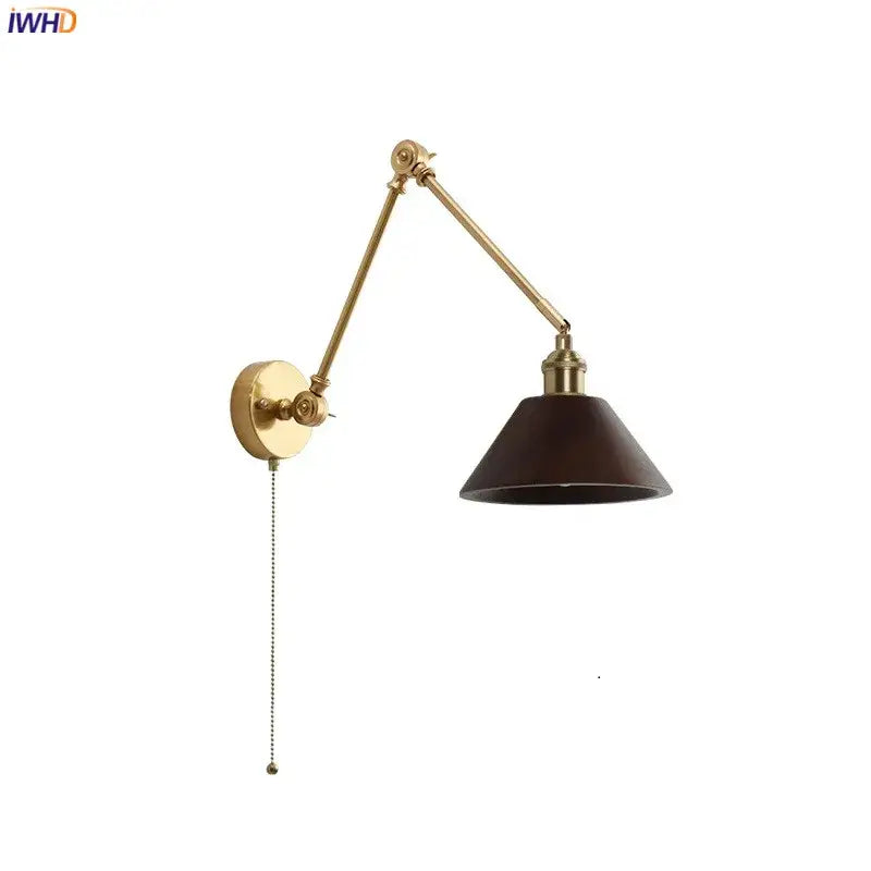 Modern brass and wood led wall sconce bedroom pull chain light