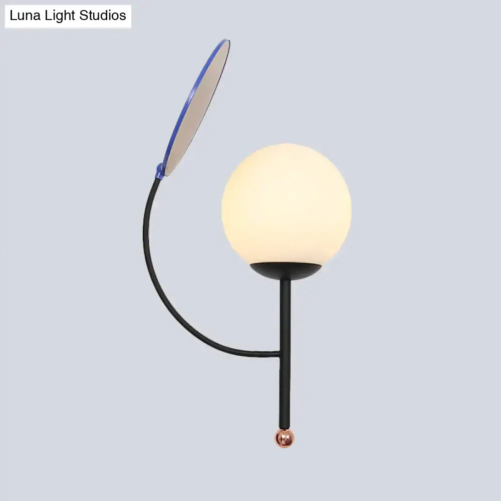Modern brass & blue sconce bedroom light with white frosted glass