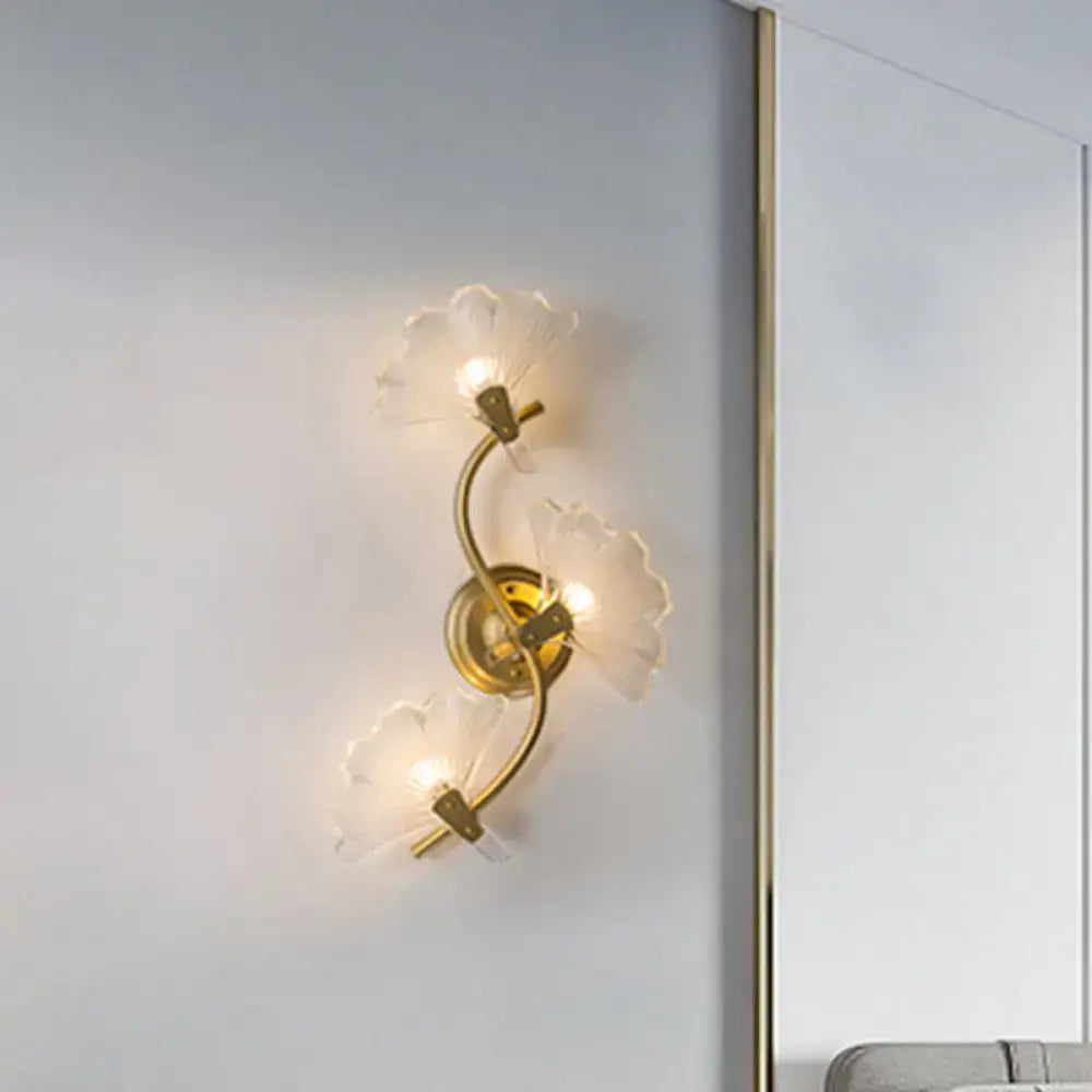 Modern brass ginkgo leaves wall light bedroom glass sconce