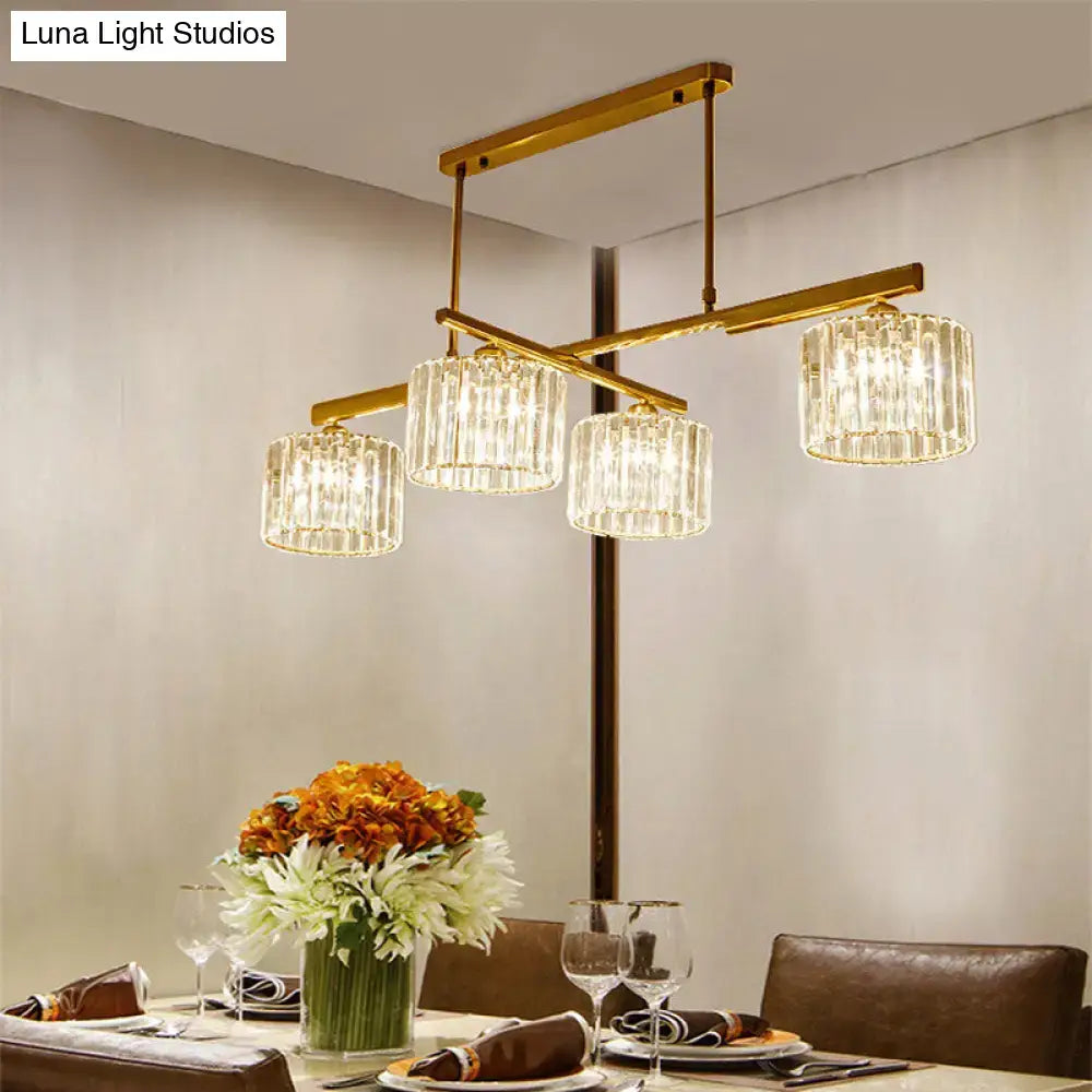 Modern brass hanging light with crystal shades – living room island