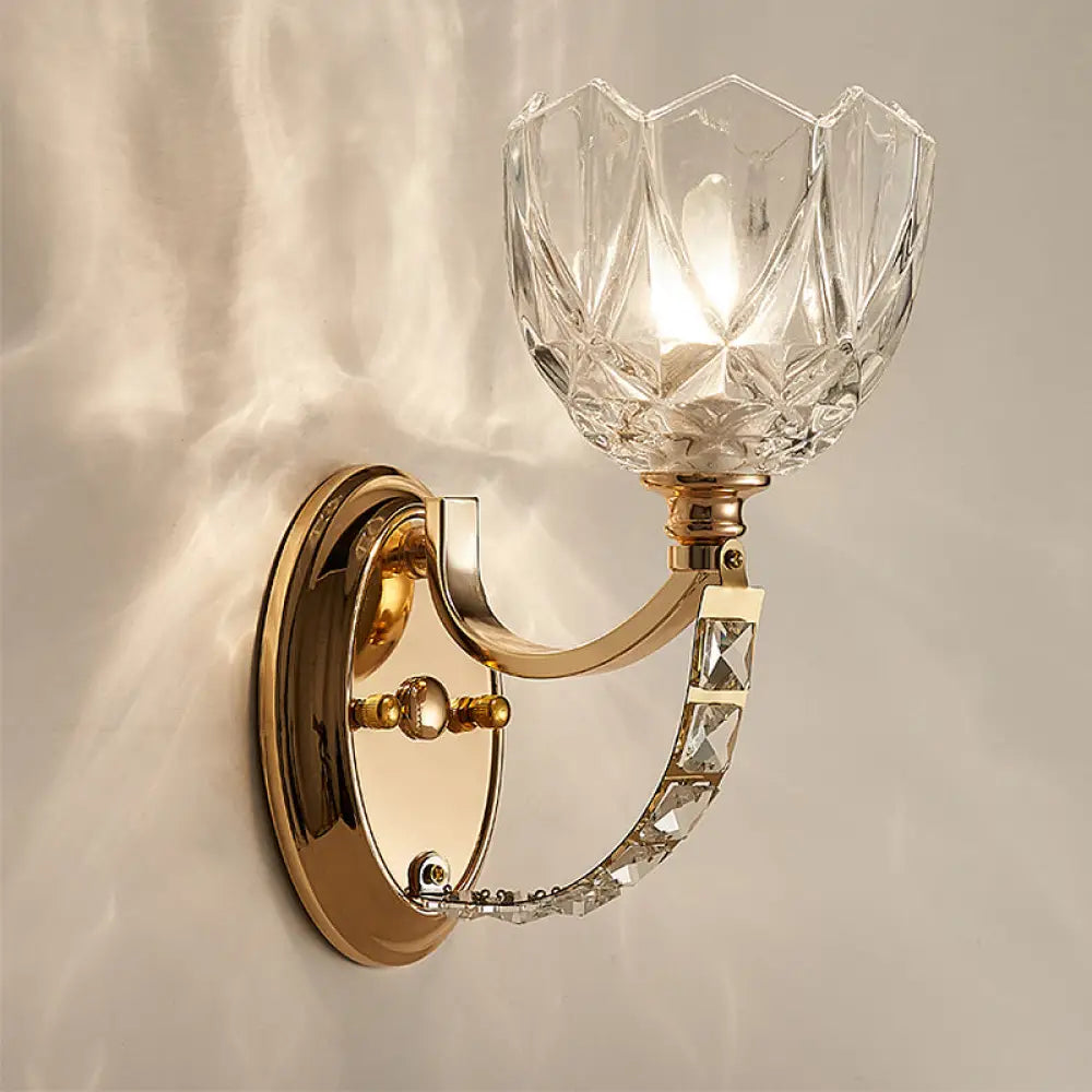 DecorBites™ Modern Brass Sconce Light: 1 Head Bedroom Wall Fixture with Clear Glass Shade