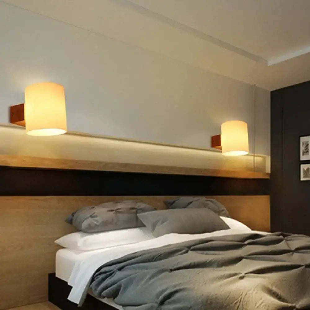 Modern bronze led wooden wall sconce bedroom frosted glass lamp