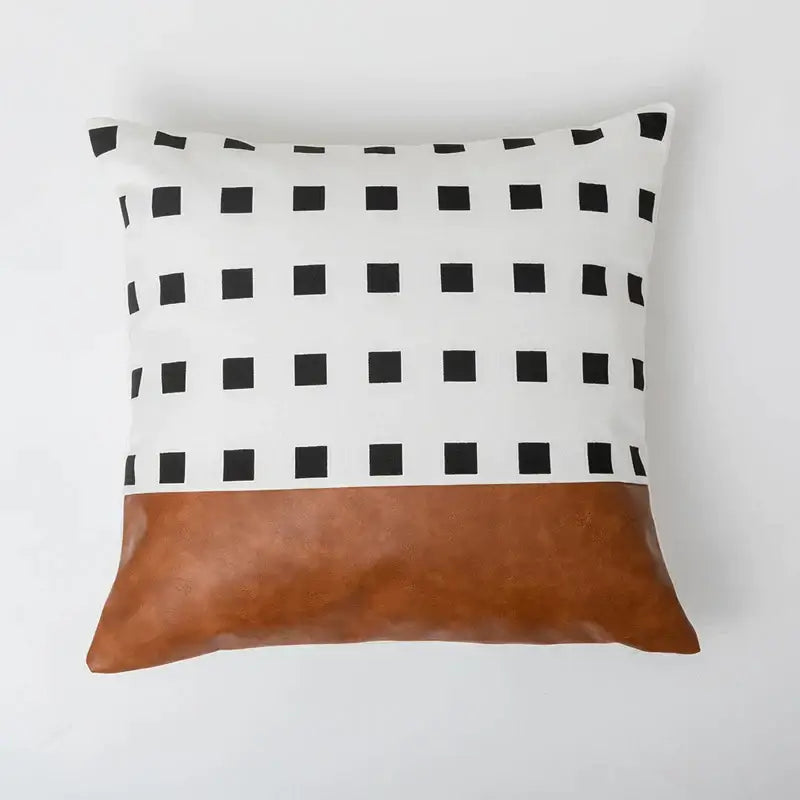 Modern brown faux leather and geometric pillow cover living room