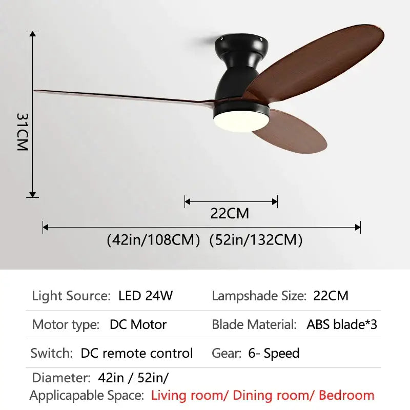 Modern brown wooden ceiling fan with remote control bedroom light