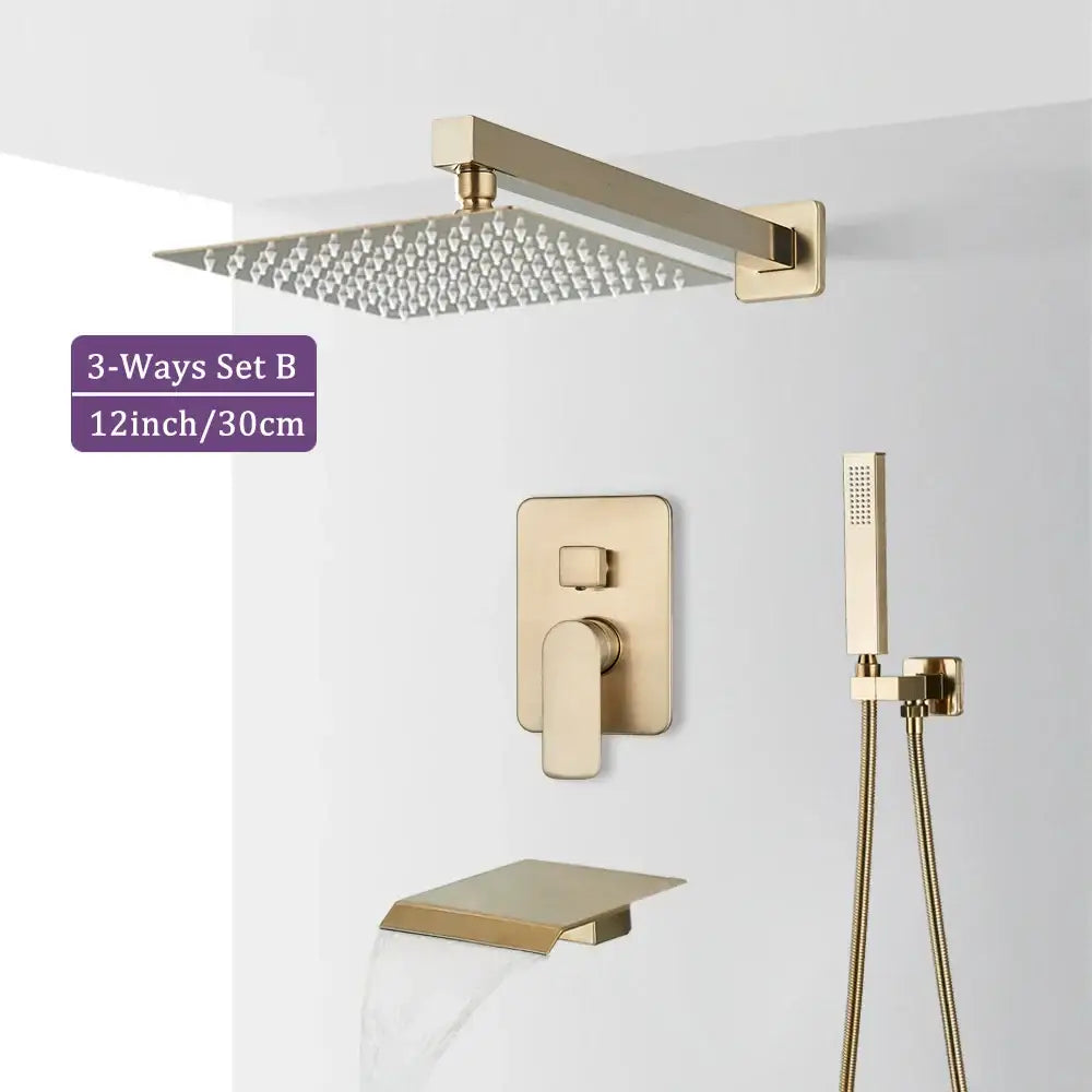 Modern brushed gold square shower faucet set bathroom rainfall mixer